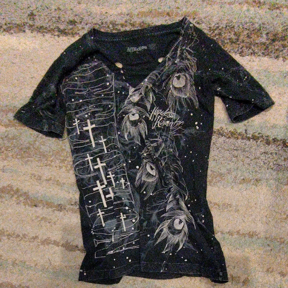 Affliction Black Short Sleeve Tee with White Feather & Cross Graphic